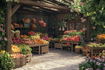 A home market in a garden setting, with fresh fruits and vegetables displayed on rustic wooden tables, surrounded by blooming flowers and greenery 