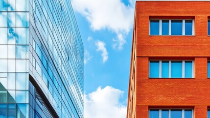 Glassy skyscraper and brick office building