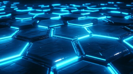 Wall Mural - Glowing Hexagon Pattern, 3D Render, Futuristic Design, Blue, Sci-fi, Technology, Abstract