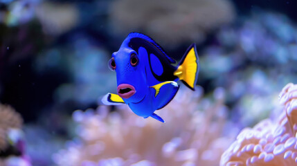 A blue fish with yellow fins is looking at the camera