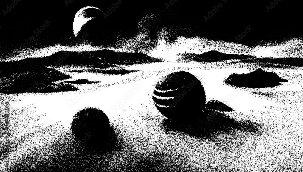 Alien planet landscape in retro dotwork style. Planets and satellites ...