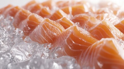 Wall Mural - 3D close-up of sashimi on a bed of ice, capturing the freshness and texture of the fish along with shimmering ice against a white background, no people.