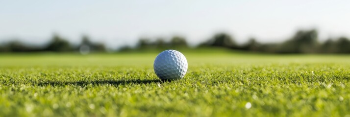 golf course with a close-up of a white golf ball on a green lawn, under a clear sky, with copyspace