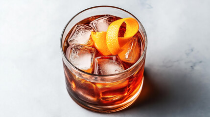 Wall Mural - A glass of cocktail with ice cubes and an orange twist garnish on a light surface.