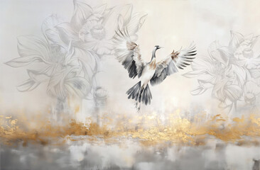 Crane in flight over the golden lake. Illustration for wallpaper, wall decoration, poster, card.