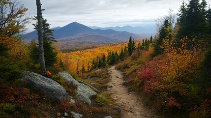 A scenic mountain trail surrounded by vibrant autumn foliage and distant peaks.