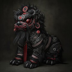 A black lion dance costume with intricate red and silver designs and a long red tassel sits on a dark background.