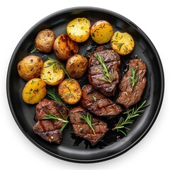 A black plate of grilled beef steaks and potatoes top view isolated on a white background