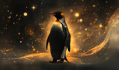 A majestic emperor penguin stands against a backdrop of a sparkling night sky.