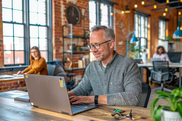 Confident Businessman Working on Laptop in Modern Office