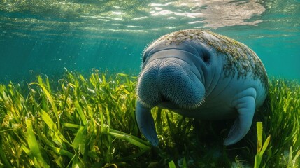 Canvas Print - Manatee Encounter in Seagrass Meadow