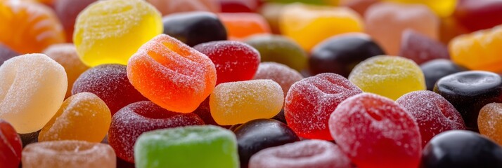 A vibrant collection of gummy candies in various colors and shapes, perfect for a sweet treat and snack lovers.