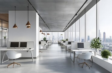 Wall Mural - Modern open space office interior with white desks and chairs