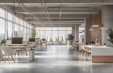 Wall Mural - Modern open space office interior with white desks and chairs