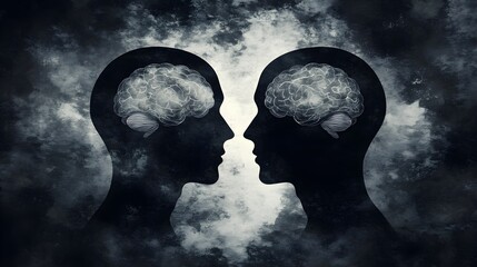 Dual Brain Silhouettes in Deep Communication - Conceptual Symbol of Thoughts, Intelligence, Telepathy, and Diverse Opinions