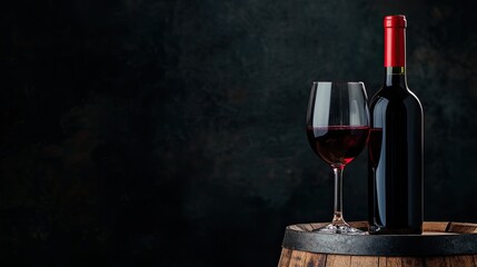 A bottle of red wine and a glass, elegantly displayed on a wooden barrel against a dark background, perfect for wine enthusiasts.