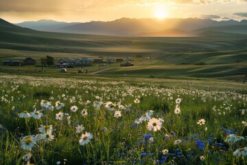 Sticker - Golden Sunset Over a Valley With Blooming Flowers