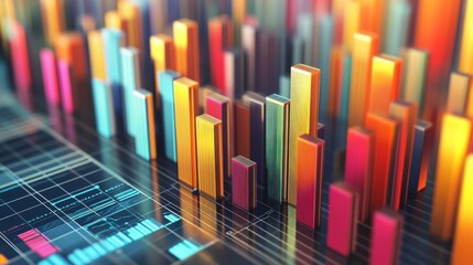 Poster - A 3D histogram displaying financial data distribution with bars of varying heights, set against a clean white background, illustrating the frequency and volume of financial transactions.