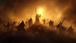 © angel_nt - Silhouettes of armed warriors gather on a barren landscape as the sun sets, creating a dramatic atmosphere filled with tension and anticipation for an impending battle