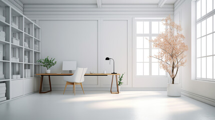 generated illustration of modern workspace concept: Comfortable workplace near window in a white room