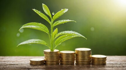 A small green plant with water droplets grows from a stack of gold coins, symbolizing financial growth, investment, and sustainability in a natural setting with a soft green background.