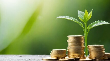 A small green plant with water droplets grows from a stack of gold coins, symbolizing financial growth, investment, and sustainability in a natural setting with a soft green background.