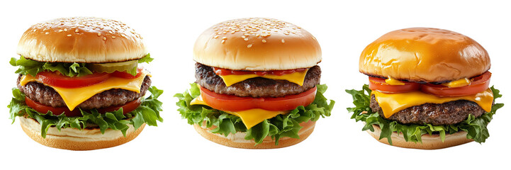 set of classic cheeseburger with layers of fresh lettuce, tomato, cheese, and a juicy beef patty iso