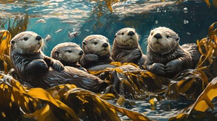 Poster - Playful Sea Otters in Kelp Forest