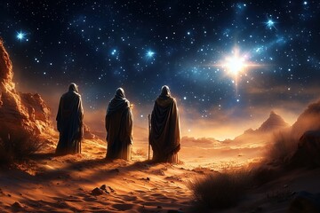 Wall Mural - The three wise men walking through the desert following the star to Bethlehem