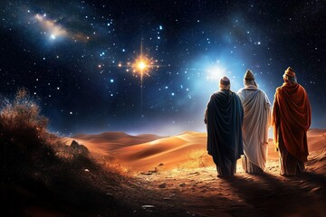 Wall Mural - The three wise men walking through the desert following the star to Bethlehem