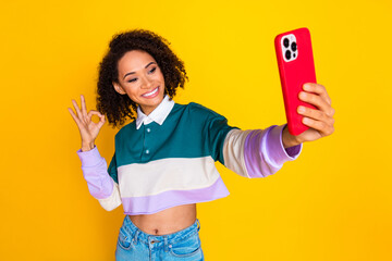 Sticker - Portrait of optimistic girl wear striped shirt make selfie on smartphone showing okey nice job isolated on vivid yellow color background