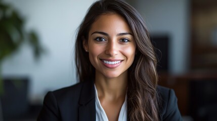 Fototapete - A businesswoman with a friendly, approachable smile, wearing business attire, captured in a well-lit office setting with her face clearly in focus.