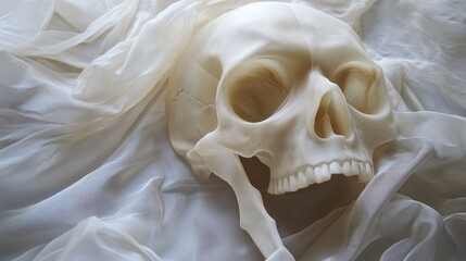 Sticker - White Skull Partially Covered by Sheer Fabric