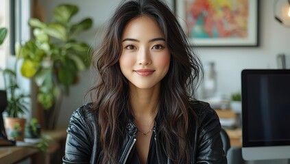 Asian woman, smiling as she sits at the desk with computer and plants on white background. 