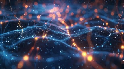 Poster - 3D animation of neural network in cyberspace with glowing connections and nodes