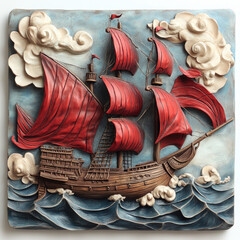 3D bas-relief of a sailing frigate with scarlet sails. Seascape. Resource, sketch, template for creativity, creative interior decor, exterior facade decor, exhibition pavilion, gallery. Illustration, 