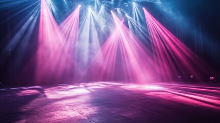 Poster - A dramatic lighting setup on stage with beams of light highlighting different areas and creating a dynamic atmosphere.