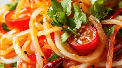 Wall Mural - A vibrant close-up of spicy papaya salad, with fresh ingredients like chili and tomatoes, set on a white background, no people.