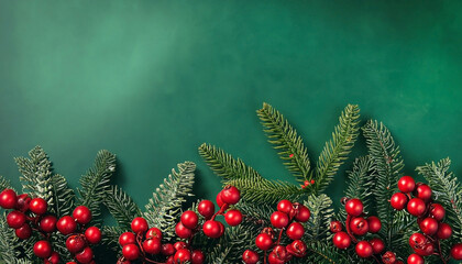 Wall Mural - festive green christmas holiday background decoration with fir evergreen tree branches, red winter b