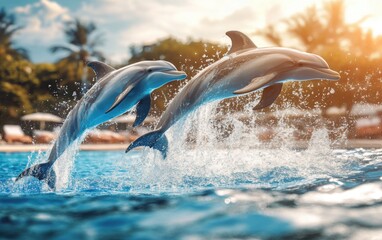 Dolphins leaping from the swimming pool, creating splashes and waves in their wake. 