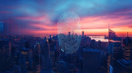 Fingerprint Over the Skyline of a City at Sunset