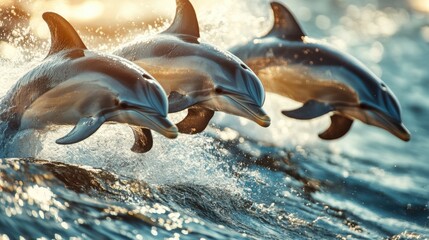 Dolphins leaping from the water, close-up of their joyful faces and sleek bodies in motion, surrounded by splashes and sunlight reflecting off their skin