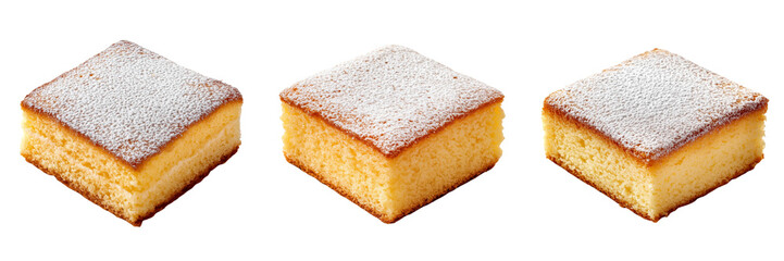 Set of perfectly baked sponge cake with a light dusting of powdered sugar, isolated on a transparent background 