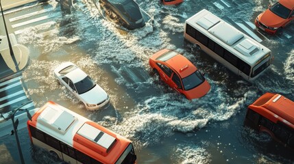 Busy intersection flooded, cars and buses stranded, 3D illustration