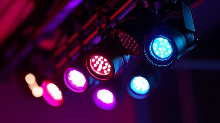 Poster - An array of stage lights with varying intensities and colors, creating a rich and captivating background display.