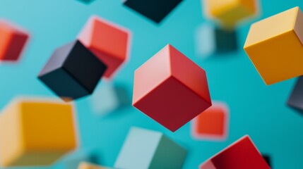 Poster - Artistic depiction of floating, multicolored cubes arranged in a seemingly random pattern with a simple, unobtrusive background