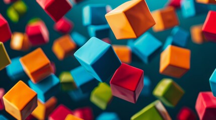 Poster - Artistic depiction of floating, multicolored cubes arranged in a seemingly random pattern with a simple, unobtrusive background