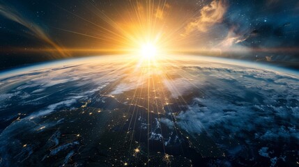 Poster - Brilliant sun rays ascending over Earth from a distant horizon