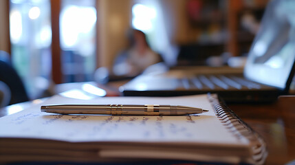 A critic's notebook rests open on a wooden table with handwritten notes and a silver pen laid across the pages. In the background, a laptop and a person can be seen