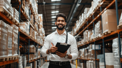 Canvas Print - Smiling warehouse worker holding a clipboard and pen, standing among shelves filled with boxes and packages.